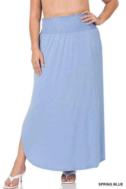 Zenana Plus Smocked Waist Side Slit Maxi Skirt leather skirt durable