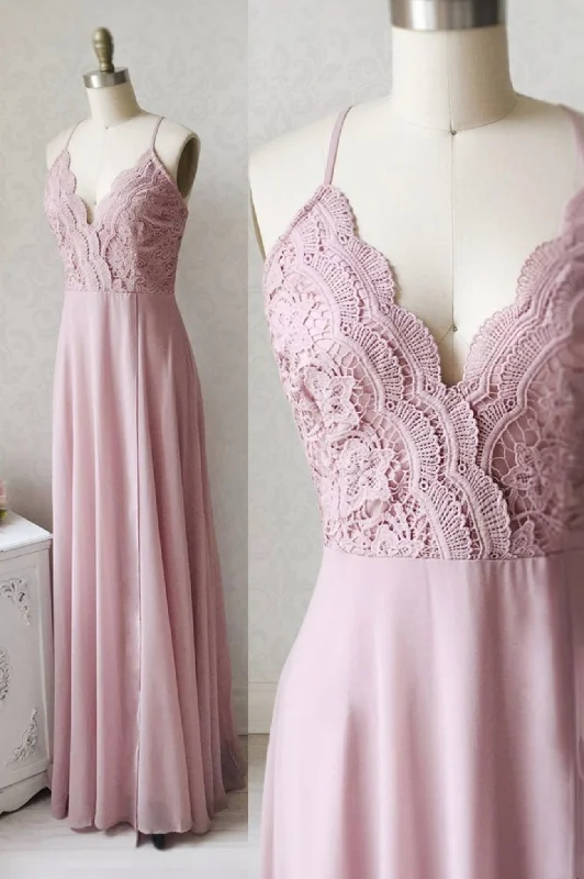Pink Chiffon Lace Long Prom Dresses, V-Neck Spaghetti Strap Party Dresses Tunics Running lightweight