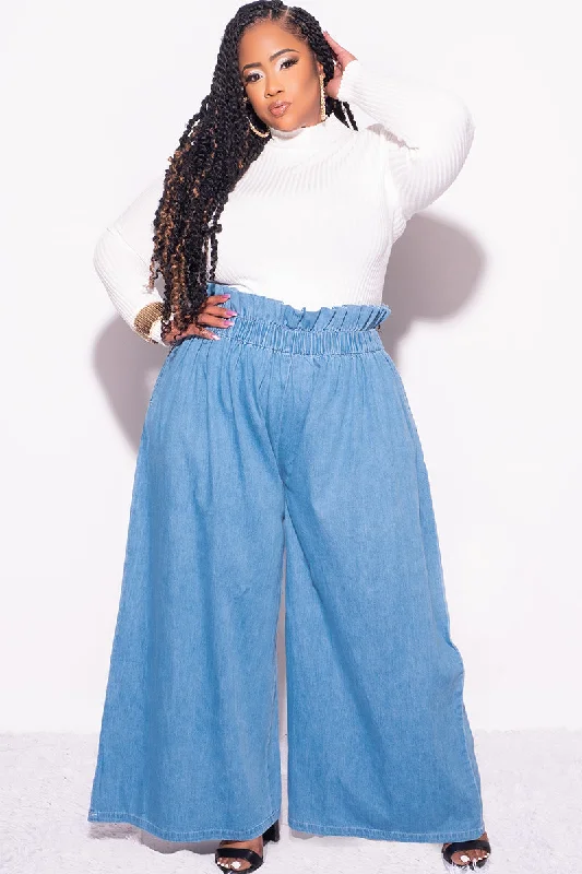 Final Sale Plus Size Light Denim Wide Leg Pants Casual Lounge Pants