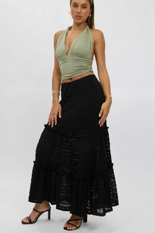 Black Lace Maxi Skirt Elastic Waist Tiered Lined velvet skirt luxurious