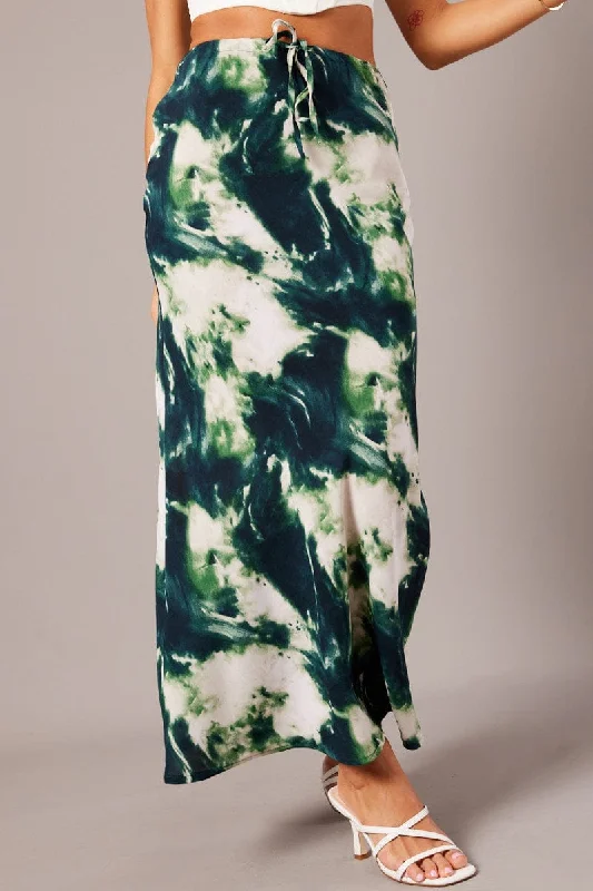 Green Abstract Slip Skirt Maxi Drawstring Waist wool skirt sturdy
