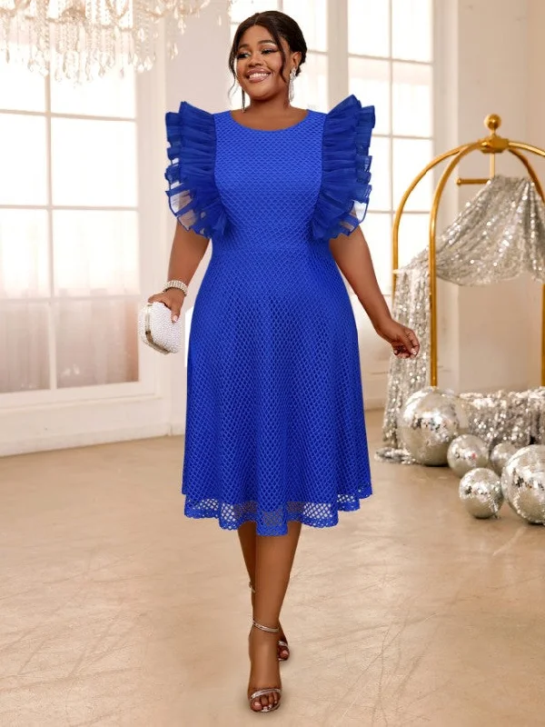 AOMEIDRESS Blue Mesh Party Dress O Neck Ruffles Fish Net A Line Tunics Practical easy-care