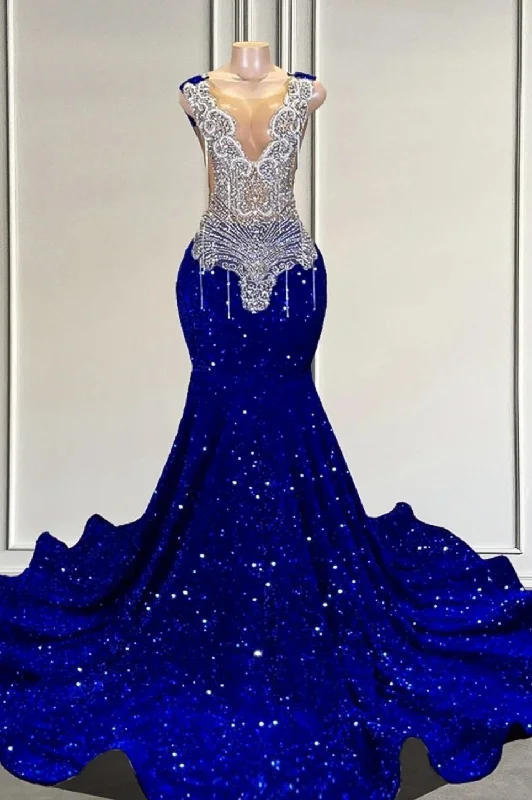 Royal Blue sequin Silver Beaded Mermaid Long V-neck Prom Party Dresses Bodycon Fitted Nightout Royal Blue sequin Silver Beaded Mermaid Long V-neck Prom Party Dresses Bodycon Fitted Nightout