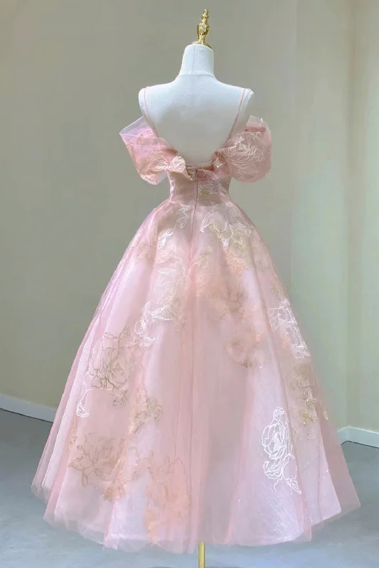 Pink Tulle Lace Short A-Line Prom Dress, Cute Off the Shoulder Party Dress Satin Halter Glamorous
