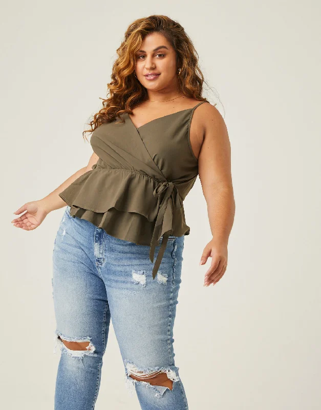 Plus Size Woven Wrap Tank crew neck tank