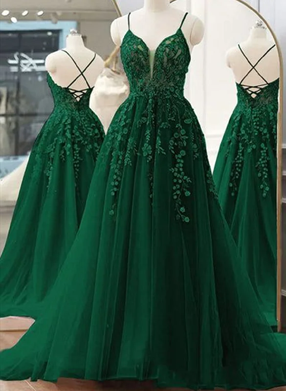 Dark Green A-line V-neckline Tulle and Lace Party Dress, Green Long Prom Dress Tunics Trousers formal