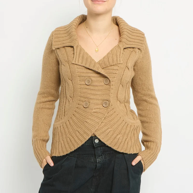 Chunky Knit Collared Wrap Cardigan-UK 12 Open Front Closed Front Wrap Front