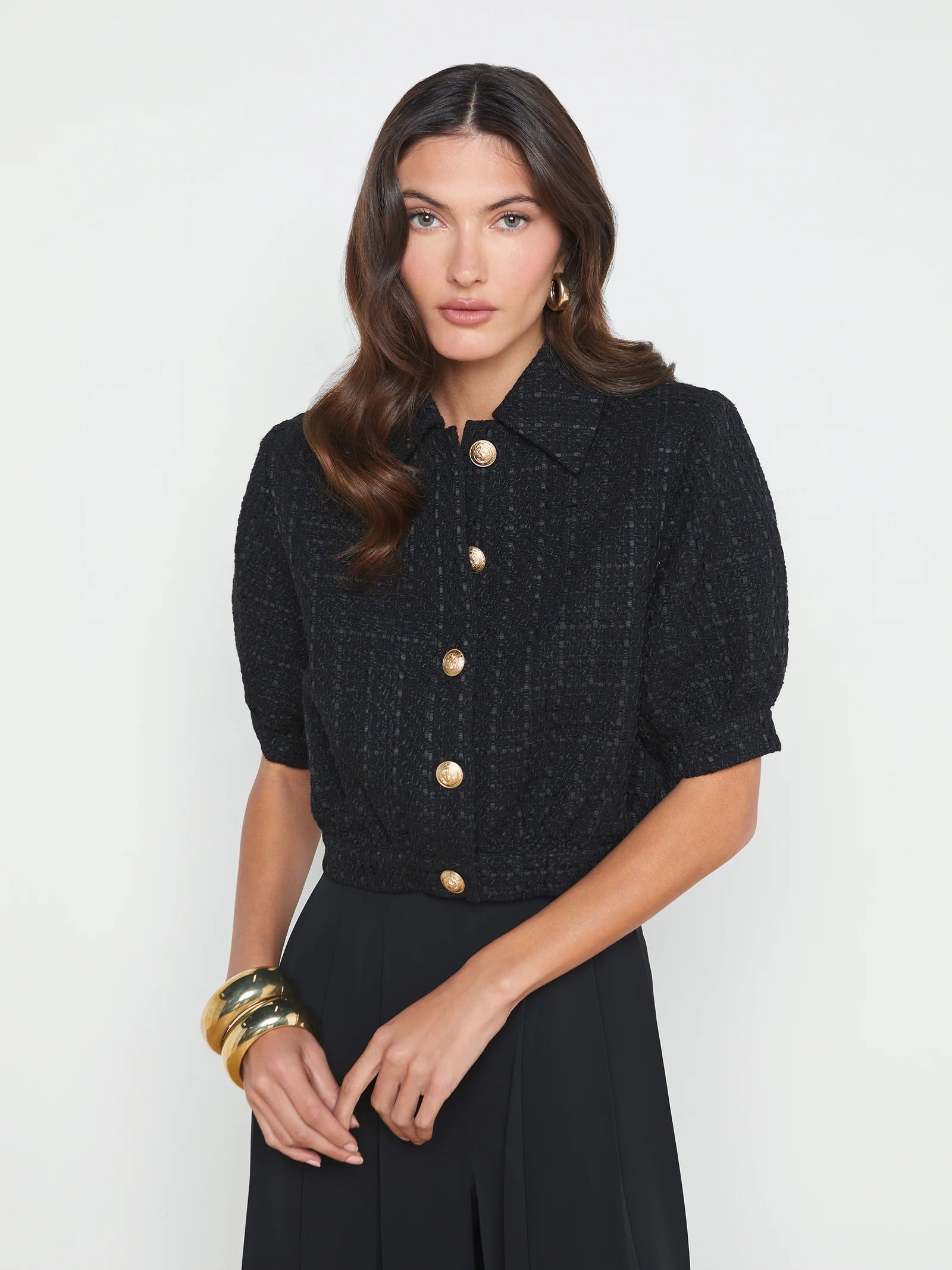 Cove Cropped Tweed Jacket Black - L'AGENCE A-Line Jacket Boat Neck Shawl Collar