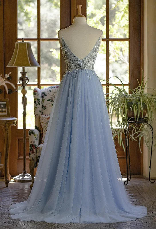 Light Blue Tulle V-neckline Straps with Lace Long Party Dress, Blue A-line Prom Dress Tunics Long Elegant