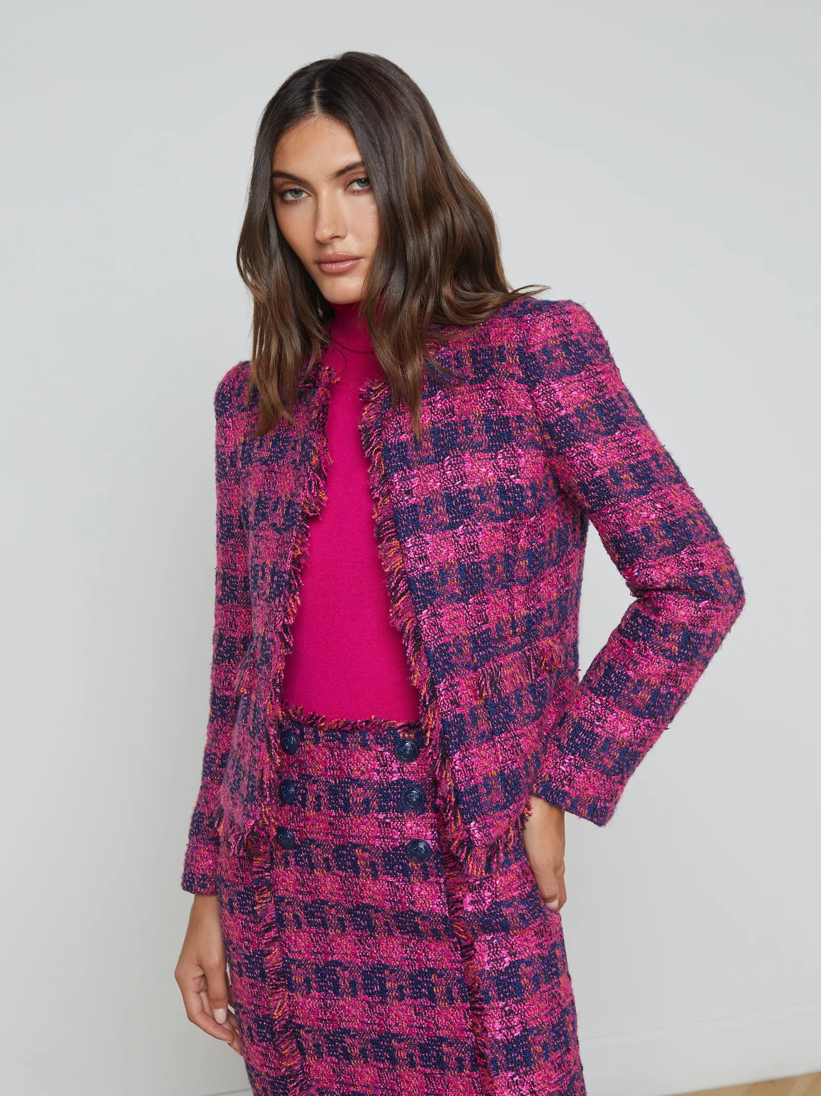 Angelina Tweed Jacket Midnight/Acai/Ruby - L'AGENCE Faux Fur Fabric Real Fur Fabric Shearling Fabric