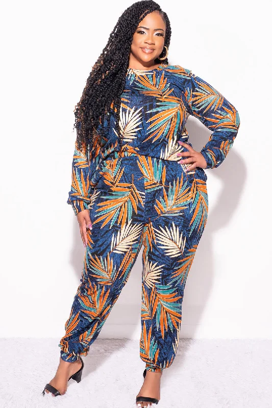 Final Sale Plus Size 2-Piece Long Sleeve Top and Pants Set in Navy Multi Color Leaf Print Classic Flared Pants