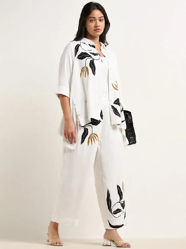 Gia White Foliage Design High-Rise Pants Relaxed High-Waist Trousers