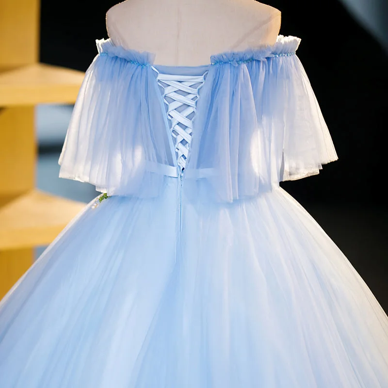 Light Blue Tulle Off Shoulder with Lace Applique Prom Dress, Blue Long Party Dress Tunics Corduroy durable