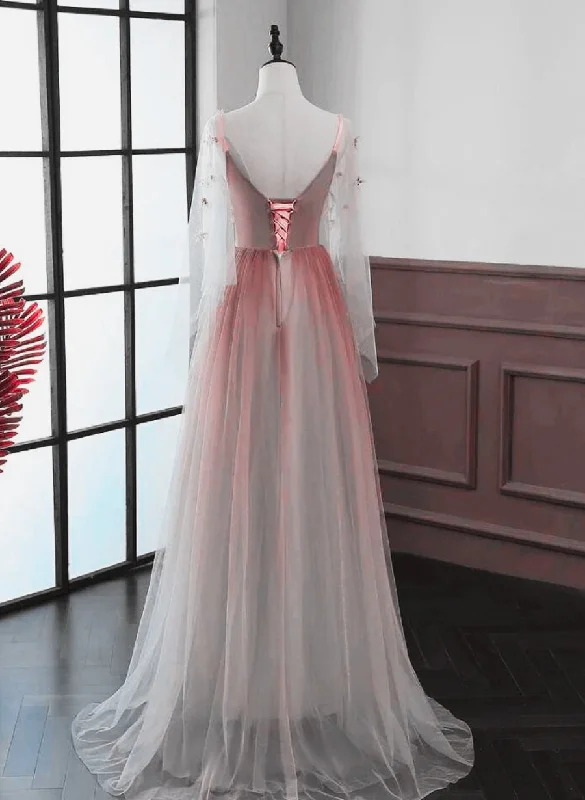 Red Gradient A-line Tulle with Lace Party Dress, Red Floor Length Prom Dress Tunics Short Trendy