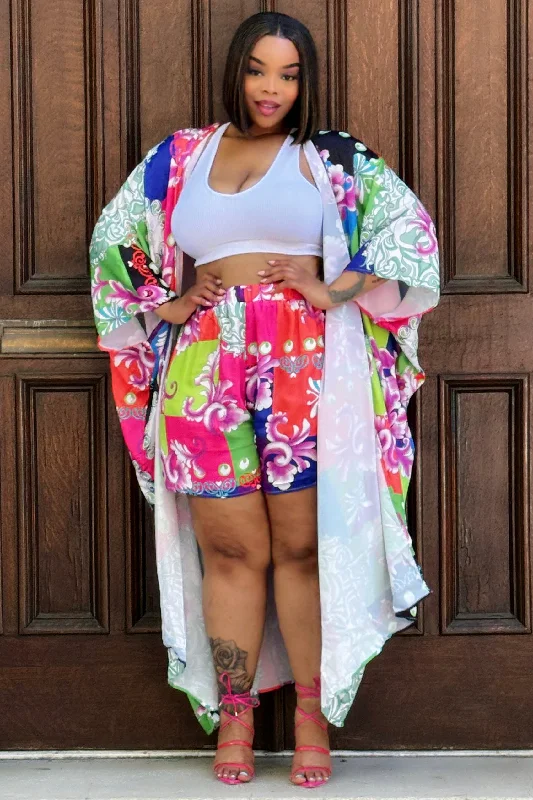 Laysha Graphic Print Full Length Cardigan and Short Set PLUS Seamless Knitted Crochet
