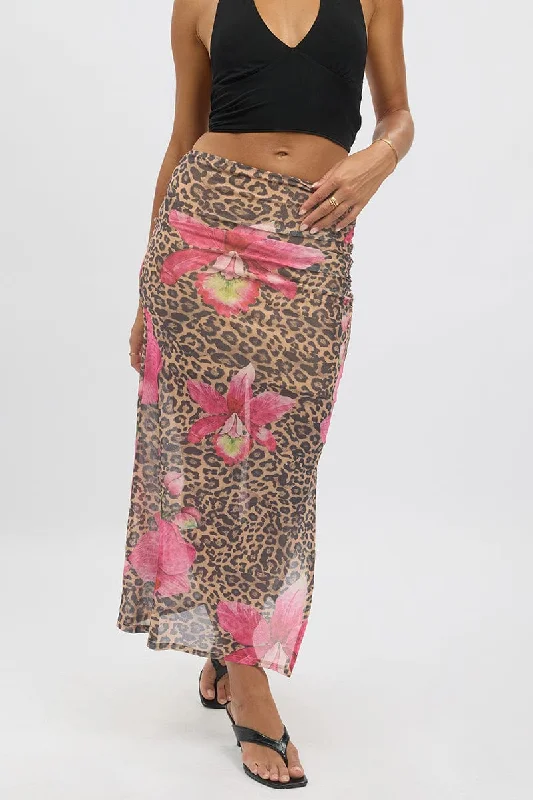 Multi Animal Print Midaxi Skirt High Rise Ruched Lined Mesh cashmere skirt plush