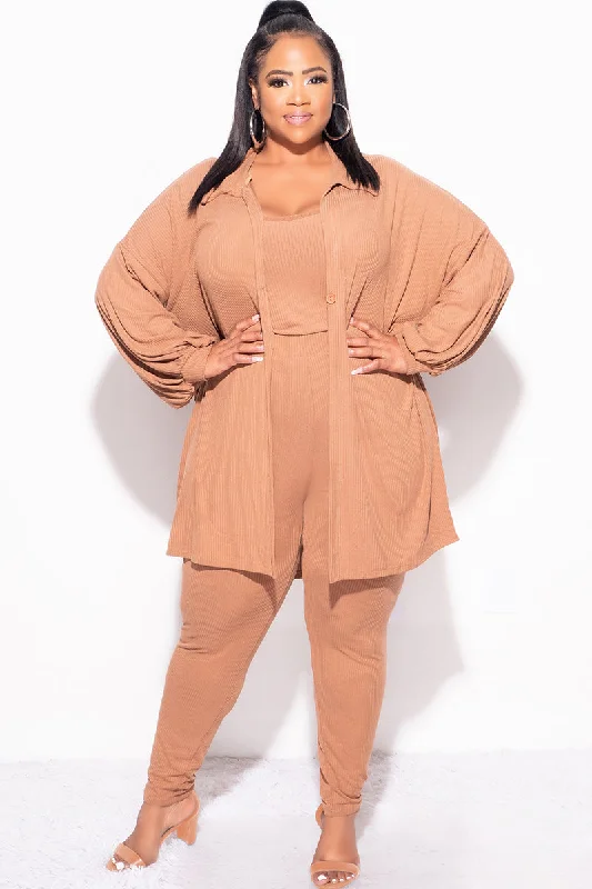 Final Sale Plus Size Ribbed 3pc Set Cardigan, Tank Crop Top, & Pants in Mocha Boat Neck Shawl Collar Notched Collar