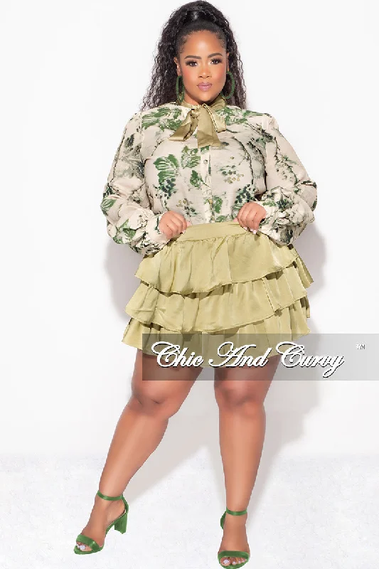 Final Sale Plus Size 2pc Set Button Up Collar Tie Top and Ruffle Layered Hem Mini Skirt in Olive slim fit skirt
