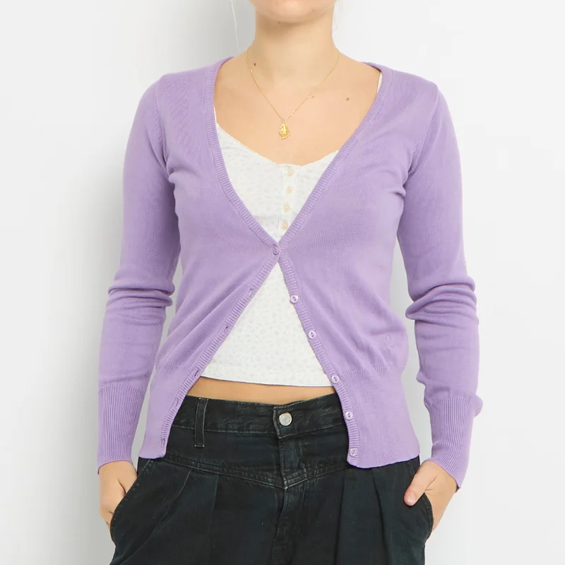 Fitted V-Neck Knitted Cardigan-UK 8 Real Fur Shearling Chenille