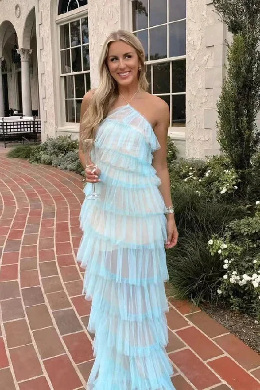 Fashion Halter Ruffles Chiffon Long Party Dresses Tulle Prom Dresses with Slit Tunics Distressed trendy