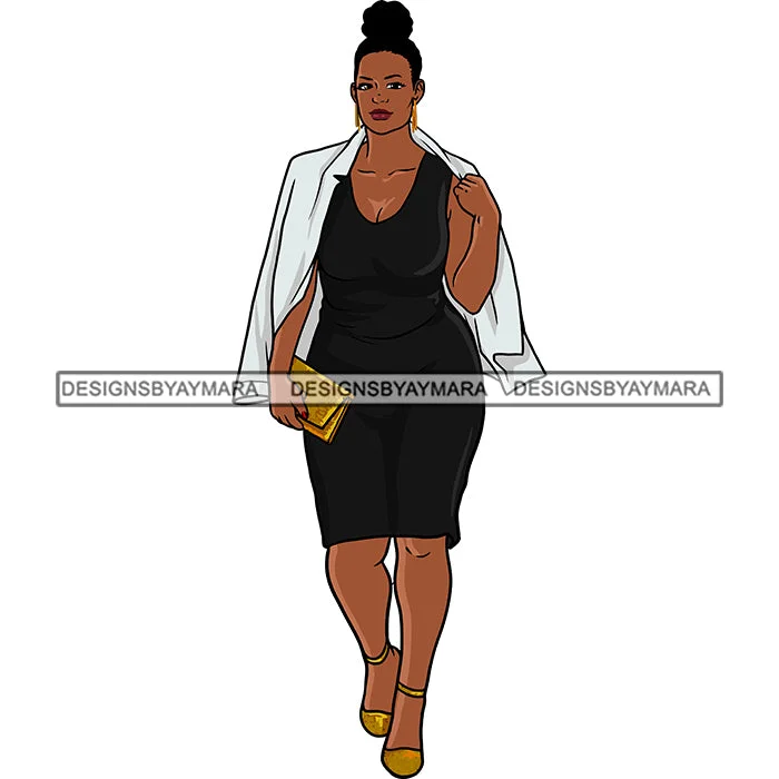 Afro Woman Model Thick Sexy Black Dress White Jacket Diva Nubian Black Girl Magic Up Do Bun Hair SVG JPG PNG Cutting Files For Silhouette Cricut Collared Jacket Crew Neck Jacket Turtle Neck Jacket