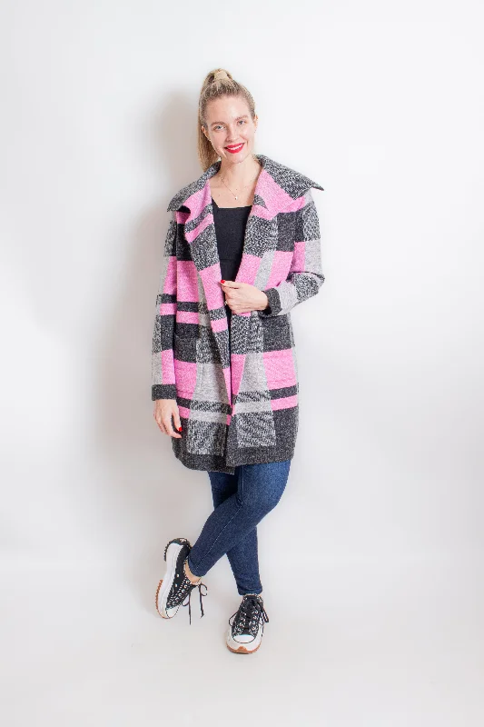 Pink Plaid Cardigan Slim Fit Regular Fit Oversized