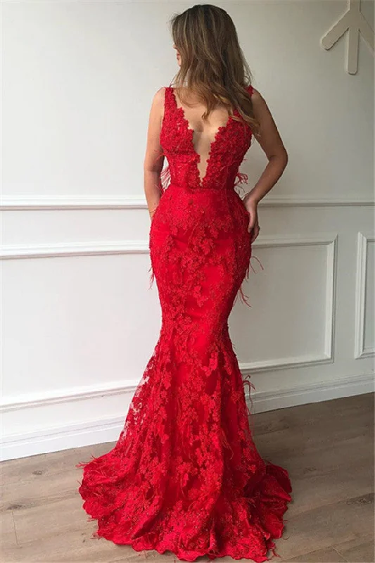Sexy Straps Sleeveless Mermaid Prom Dresses | Red Lace V-Neck Party Dresses Tunics Fleece cozy