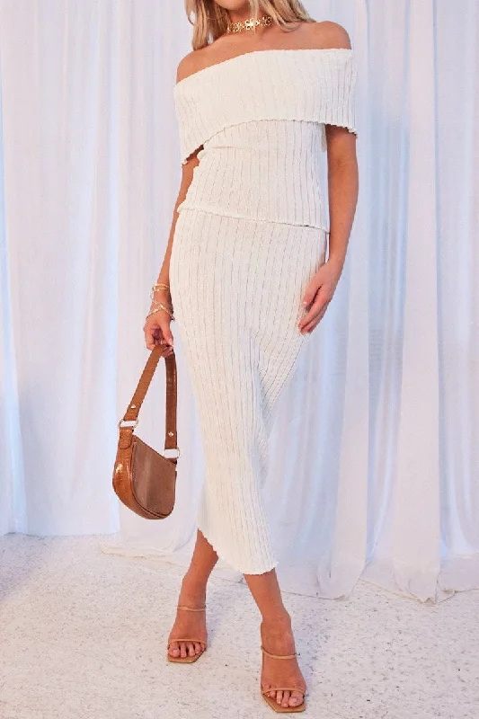 White Knit Skirt Midi High Rise Relaxed Fit chiffon skirt lightweight