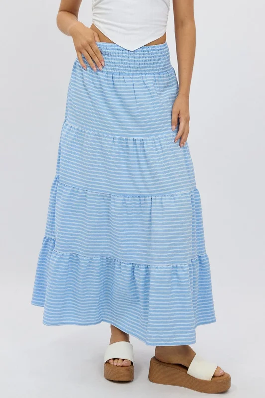 Blue Stripe Maxi Skirt Shirred Waist Tiered Relaxed Fit linen skirt breathable