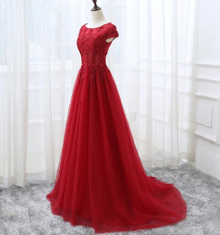 Elegant Cap Sleeve Lace Applique Tulle Party Dress, Prom Gowns Tunics New arrival