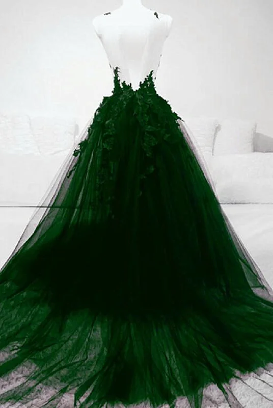 Dark Green Tulle With Lace Deep Neckline Backless Prom Dress, Dark Green Party Dress Tunics Chic fashionable