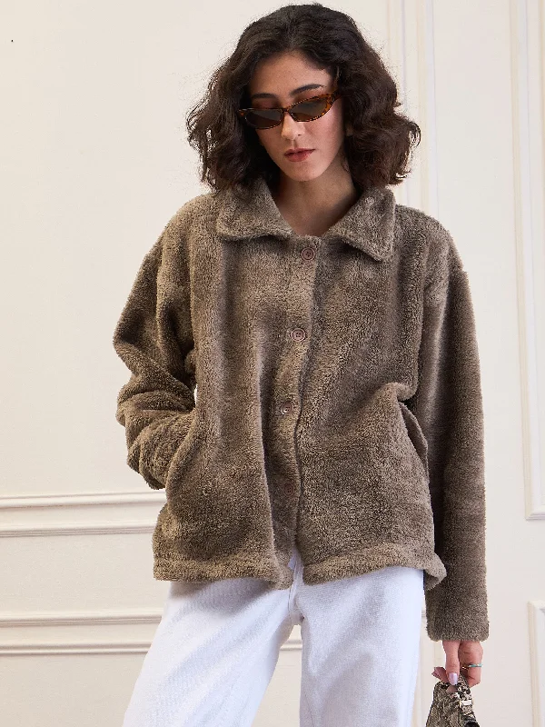 Women Dark Grey Fur Flap Pockets Detail Jacket Rayon Fabric Velvet Fabric Corduroy Fabric
