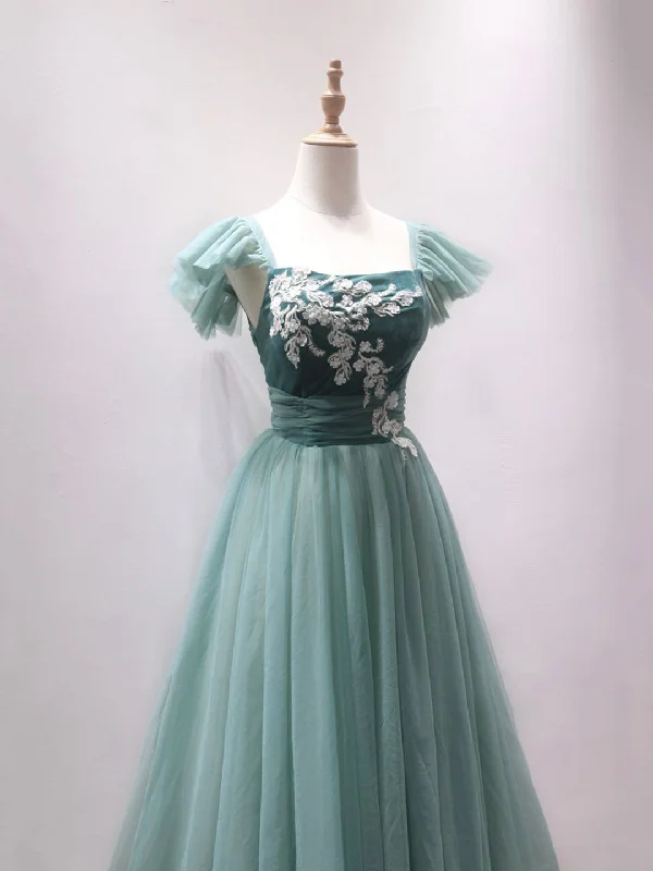 Green Velvet Tulle Tea Length Prom Dress, Cute A-Line Party Dress with Lace Tunics Wedding white