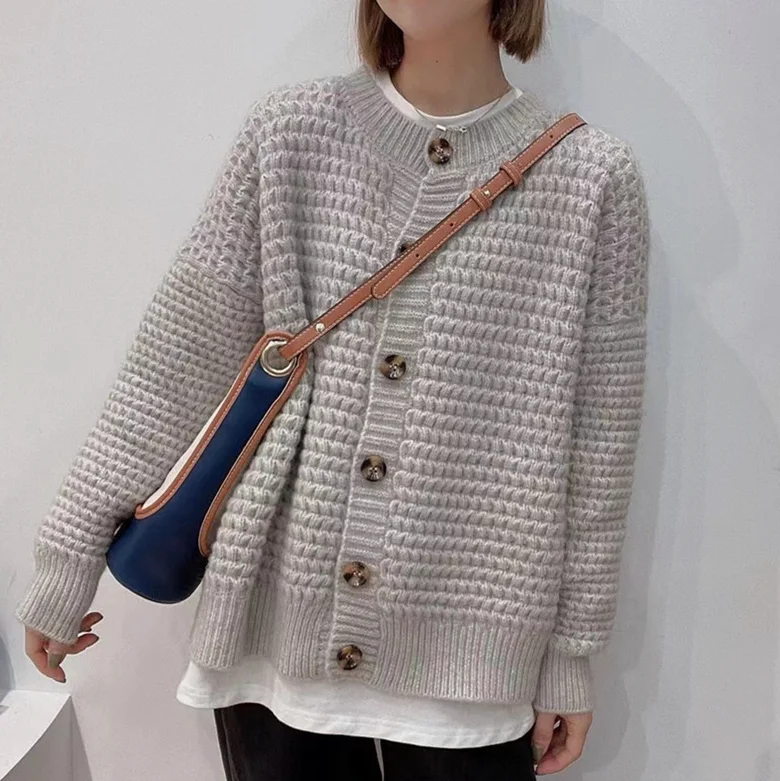 Womens Casual Button Down Knit Cardigan Front Pockets Side Pockets Patch Pockets