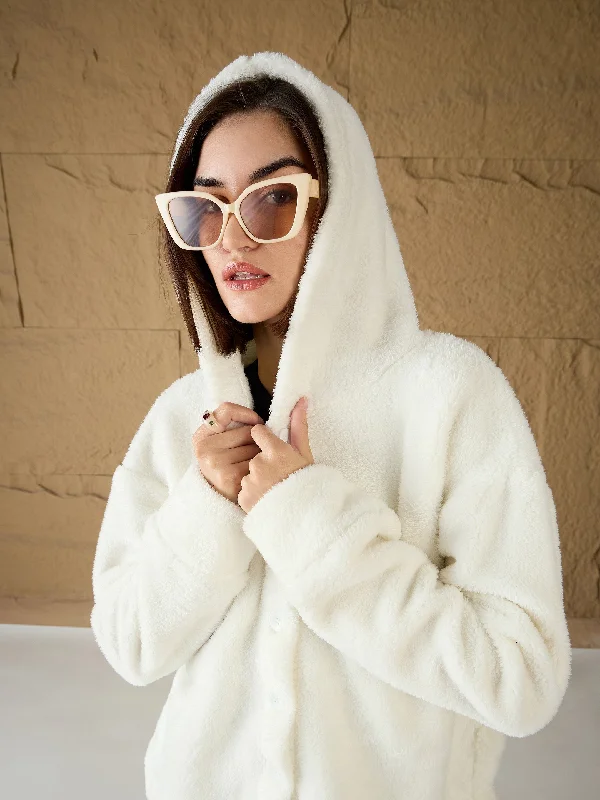 Women White Fur Button Placket Hooded Jacket Collared Jacket Crew Neck Jacket Turtle Neck Jacket
