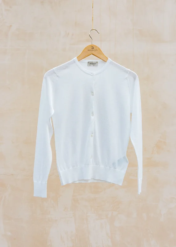 Elinor Round Neck Cardigan in White Mesh Blend Leather Blend Suede Blend