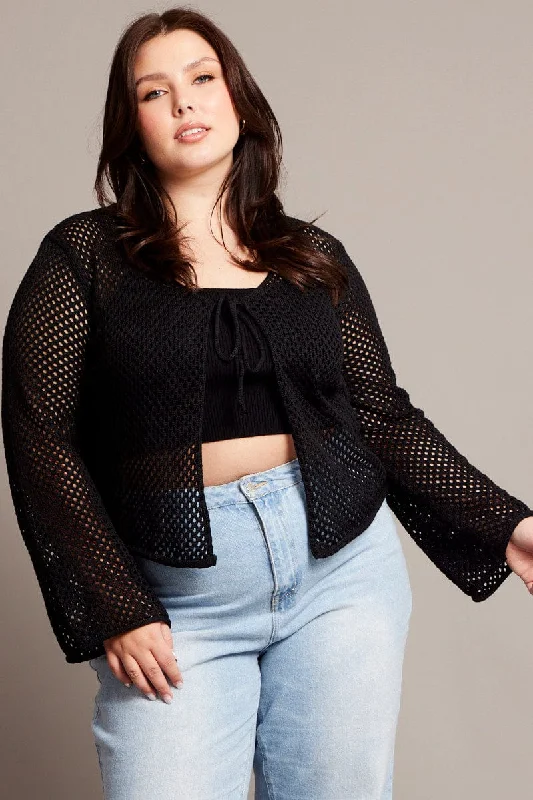 Black Crochet Cardigan Long Sleeve V-neck Tie Up Boxy Cardigan Fitted Cardigan A-Line