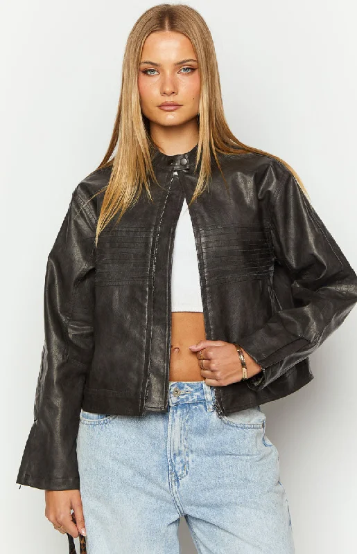 Sam Vintage Black PU Jacket Hooded Jacket Caped Jacket Shawl Collar Jacket