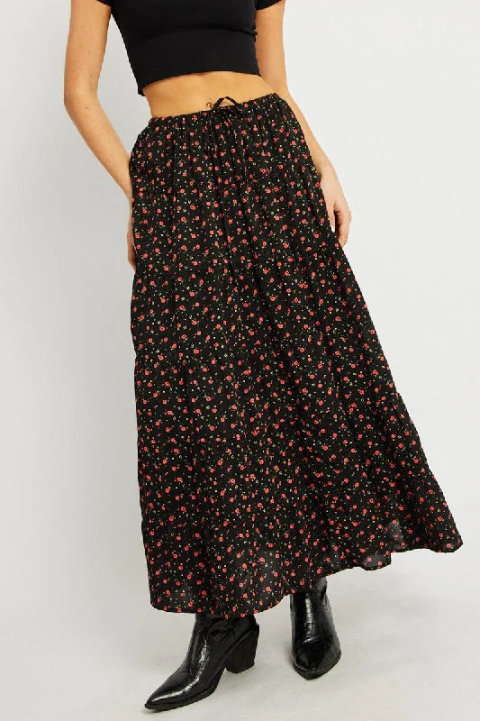 Black Ditsy Maxi Skirt Tiered High Rise lace skirt romantic