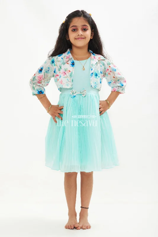 Girls Blue Layered Fancy Frock with Floral Jacket and Ruffled Hemline Jacket Blazer Coat