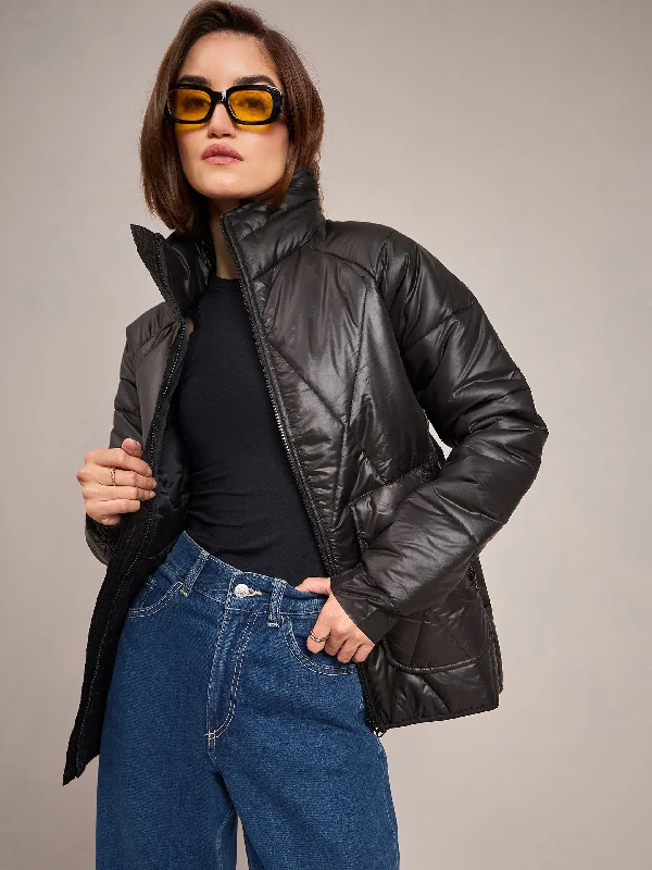 Women Black High Neck Diamond Quilt Puffer Jacket Cotton Jacket Linen Jacket Terry Jacket Women Black High Neck Diamond Quilt Puffer Jacket Cotton Jacket Linen Jacket Terry Jacket
