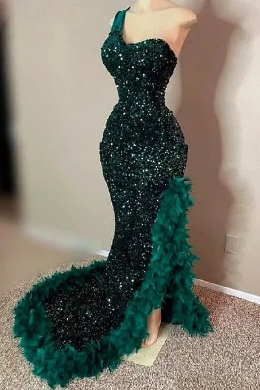 Dark Green One shoulder Split Ruffles High Split Prom Party Dresses Tunics Long Elegant Dark Green One shoulder Split Ruffles High Split Prom Party Dresses Tunics Long Elegant