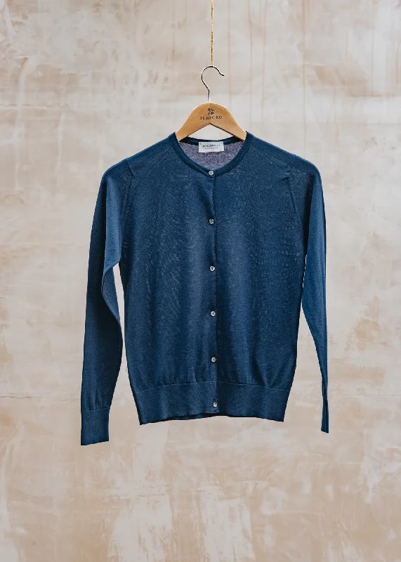 Elinor Round Neck Cardigan in French Navy Polka Dot Checkered Tartan