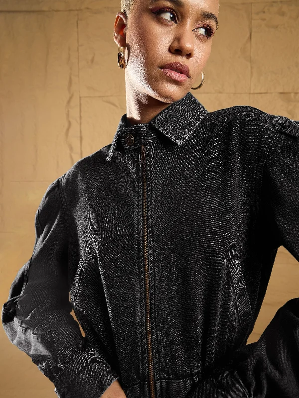 Women Black Washed Zipper Biker Crop Jacket Boat Neck Shawl Collar Notched Collar