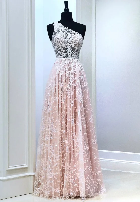 Pink Lace Long Prom Dresses, One Shoulder Evening Party Dresses Tunics Gym athletic