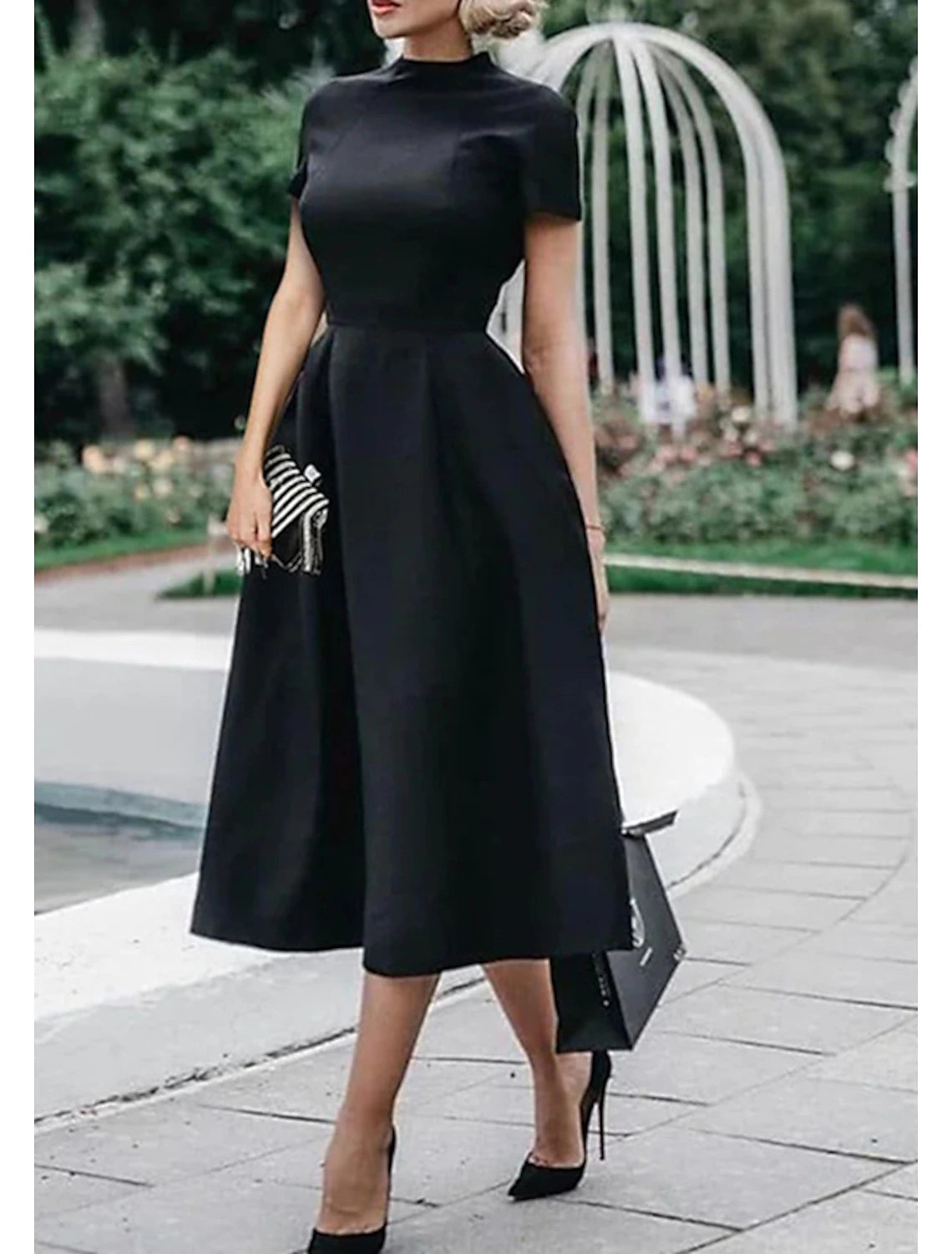 A-Line Wedding Guest Dresses Minimalist Dress Party Dress Wedding Party Tea Length Short Sleeve High Neck Stretch Satin with Pleats Pure Color Tunics Sophisticated sleek