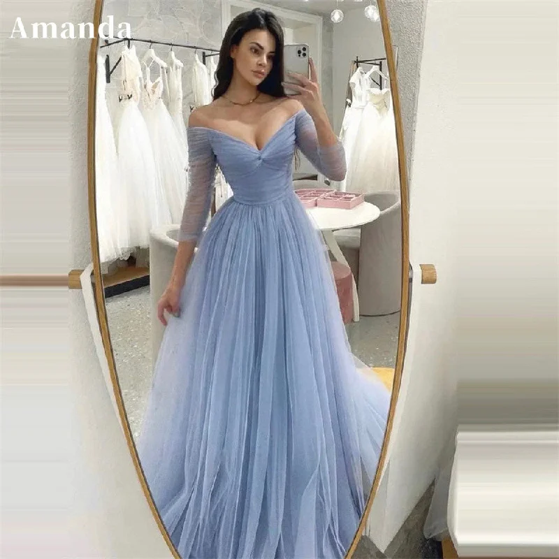 Cinessd Baby Blue A-line Evening Dress Long Sleeve Prom Dress Customized Sexy V-neck Party Dress Elegant Tulle Prom Gown 2025 Tunics Polka dots