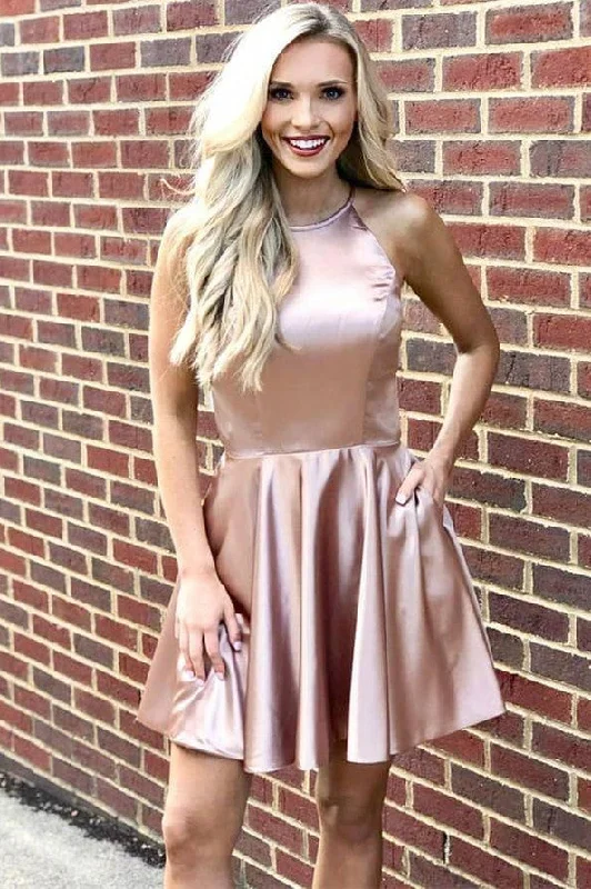 Halter A-line Short Cute Homecoming Dresses Simple Party Dresses Tunics Bridal satin
