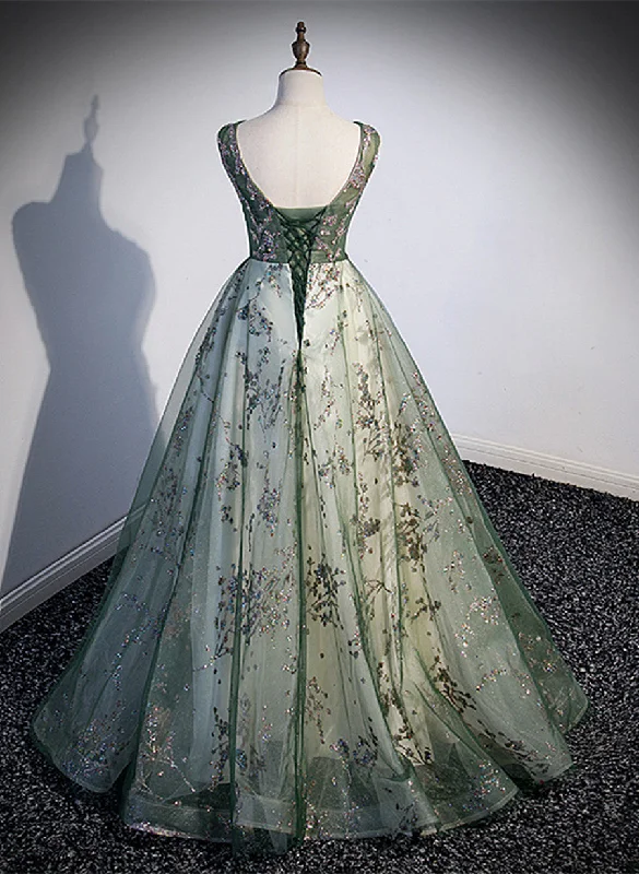 Green Tulle Round Neckline Long Party Dress, Green Lace Prom Dress Tunics Print Colorful