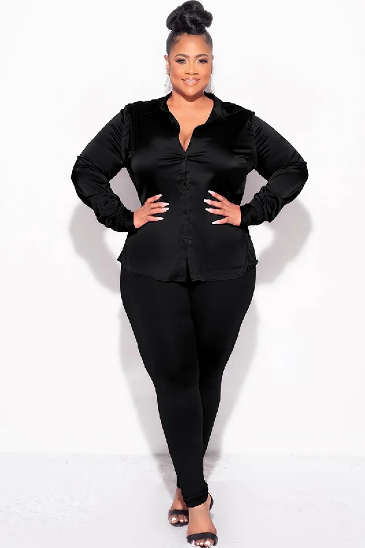Final Sale Plus Size 2pc Button Up Collar Satin Top and Pants Set in Black Trendy Tapered Pants Final Sale Plus Size 2pc Button Up Collar Satin Top and Pants Set in Black Trendy Tapered Pants